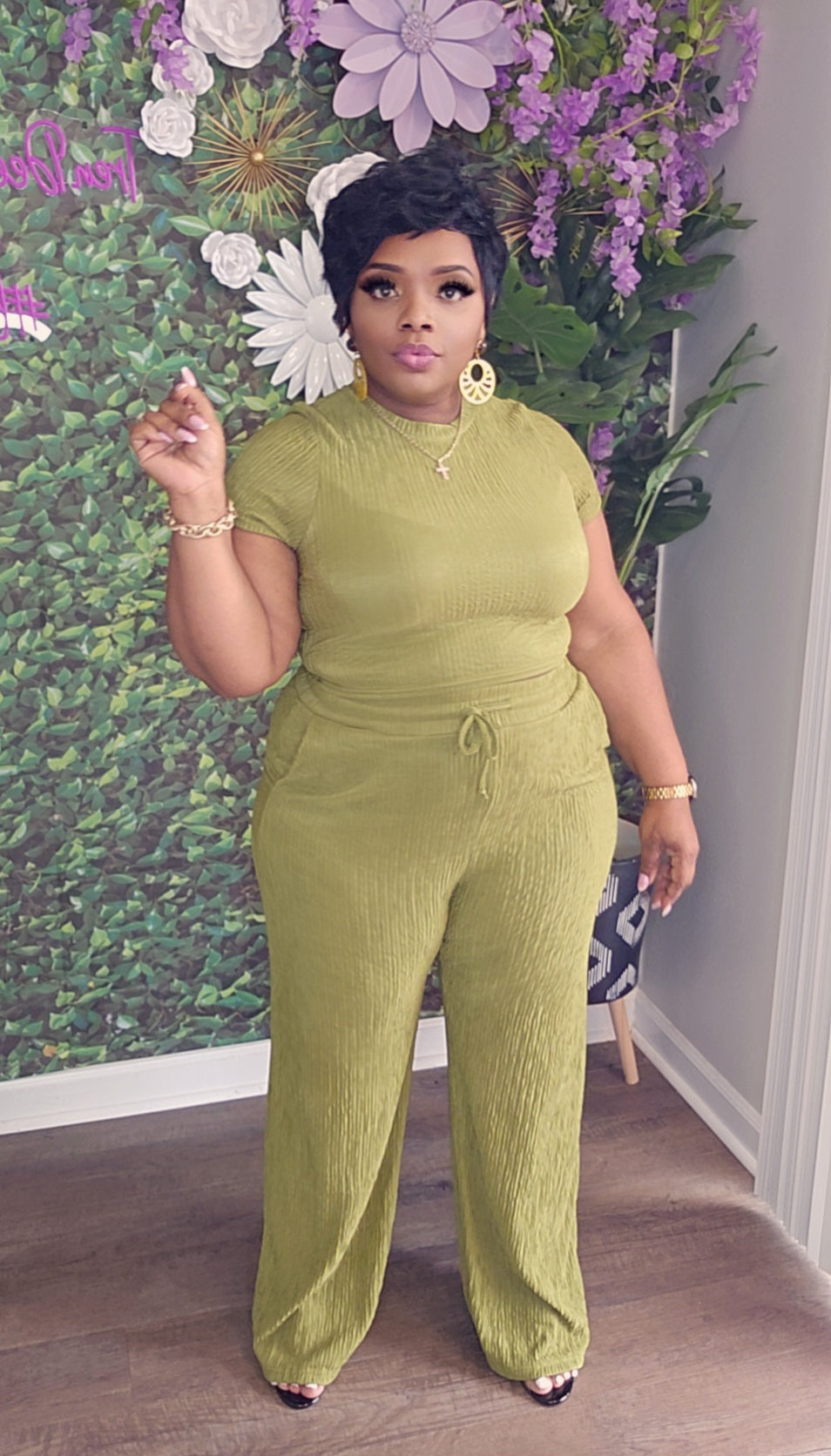 So-Chic Crinkle Textured Set (Moss Olive)