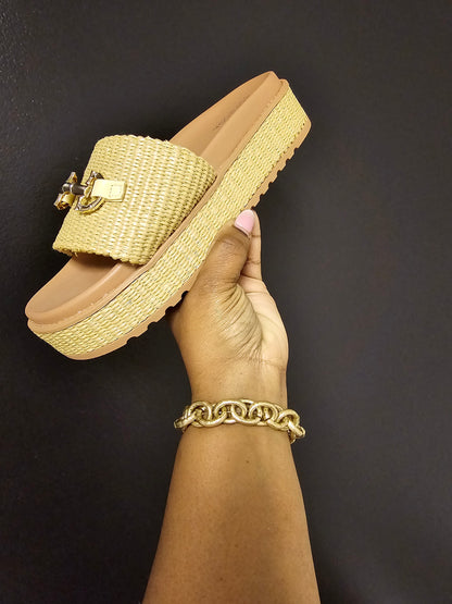 Basket weave Gold buckle wedge