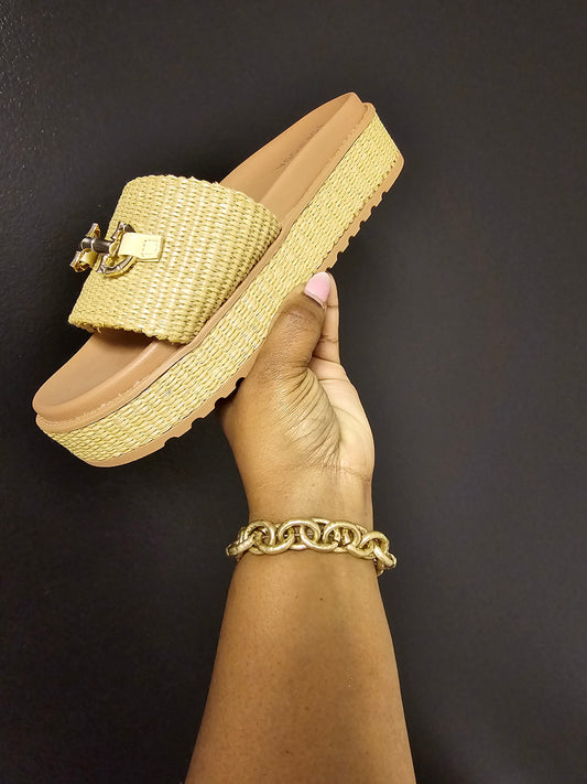 Basket weave Gold buckle wedge