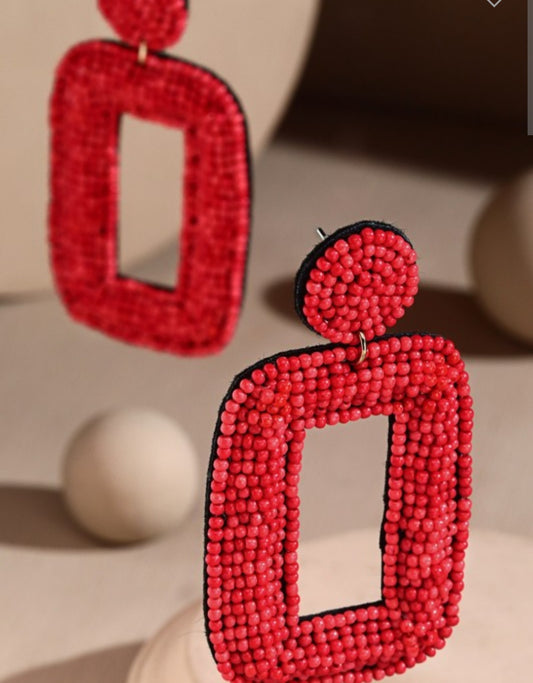 Red Rectangle Beaded Earrings