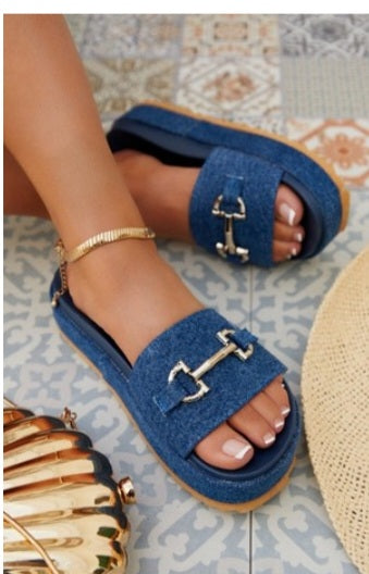 Dark denim buckle wedge